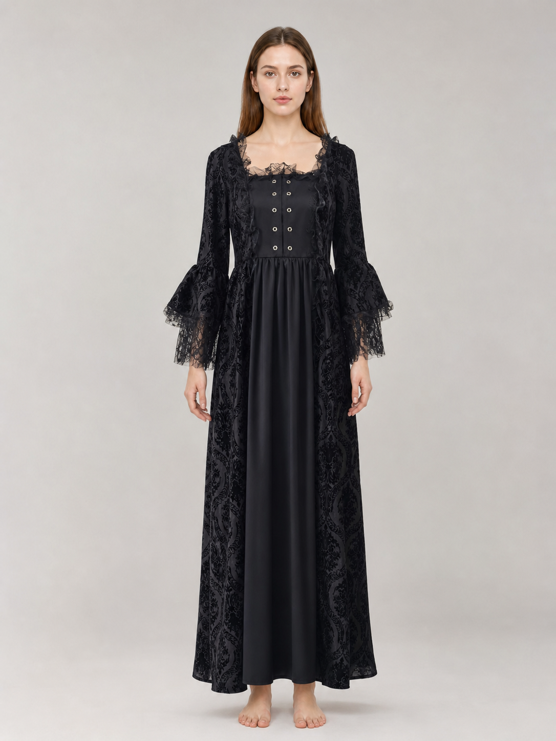 Gothic Vintage Maxi Dress with Lace Trim
