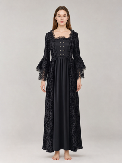 Gothic Vintage Maxi Dress with Lace Trim