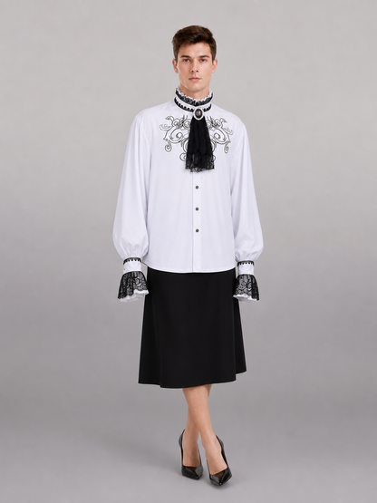 White Costume Shirt with Jabot and Embroidery