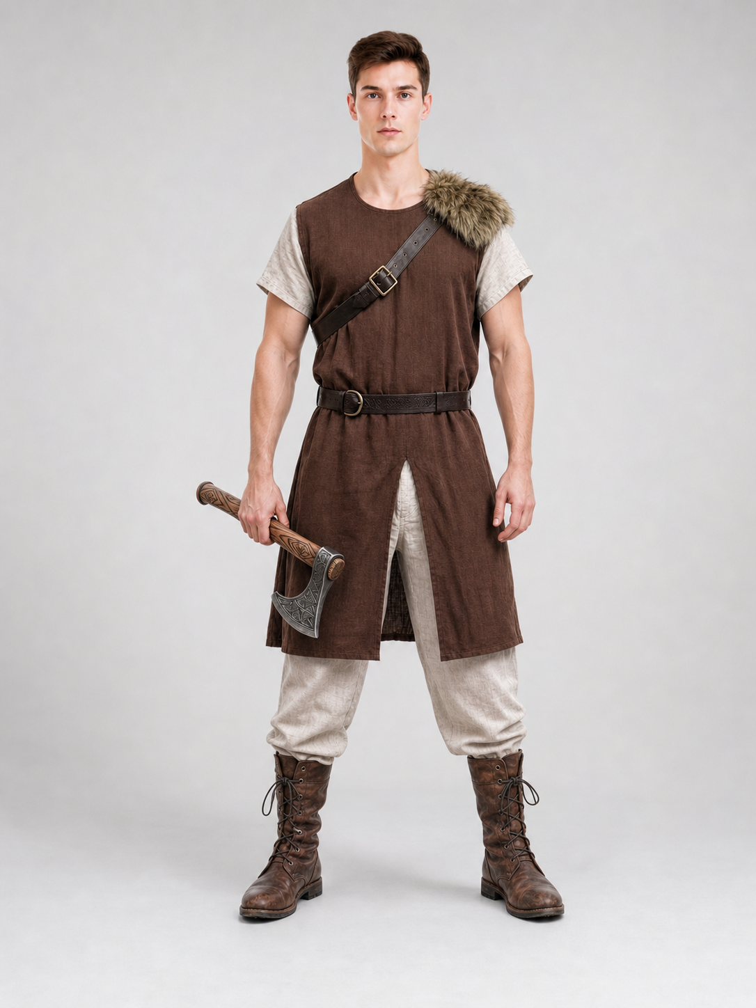 Brown sleeveless tunic with fur shoulder trim, belt and cross-body strap shown on a full-body model holding an axe