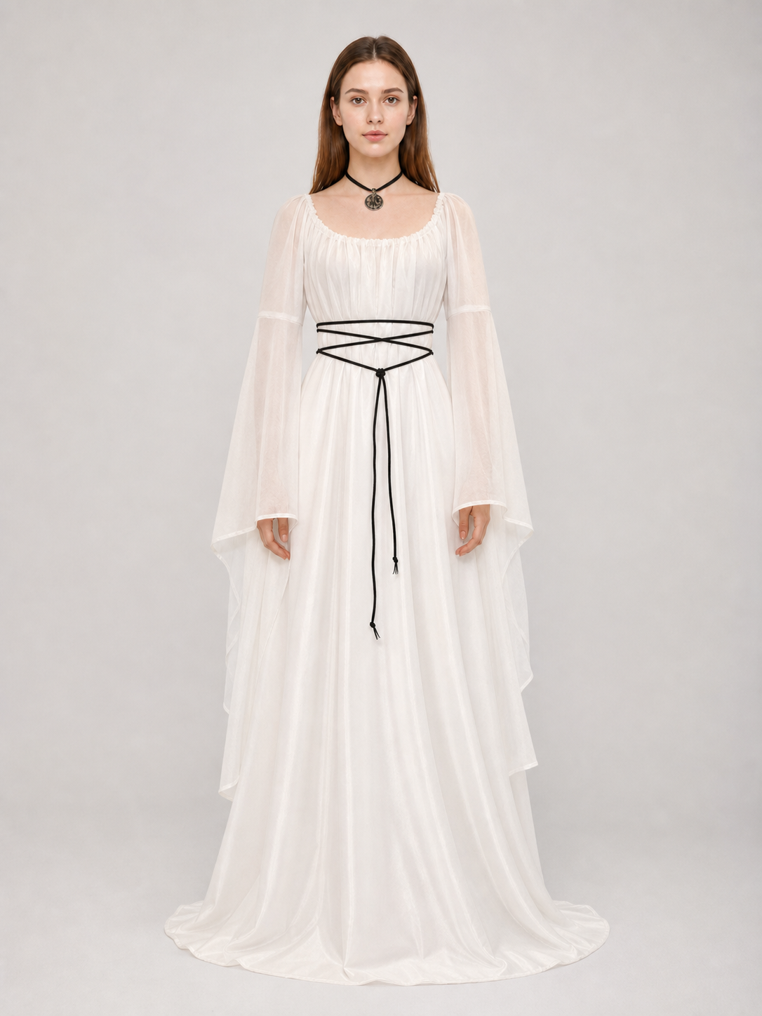 White Long Dress with Black Lacing