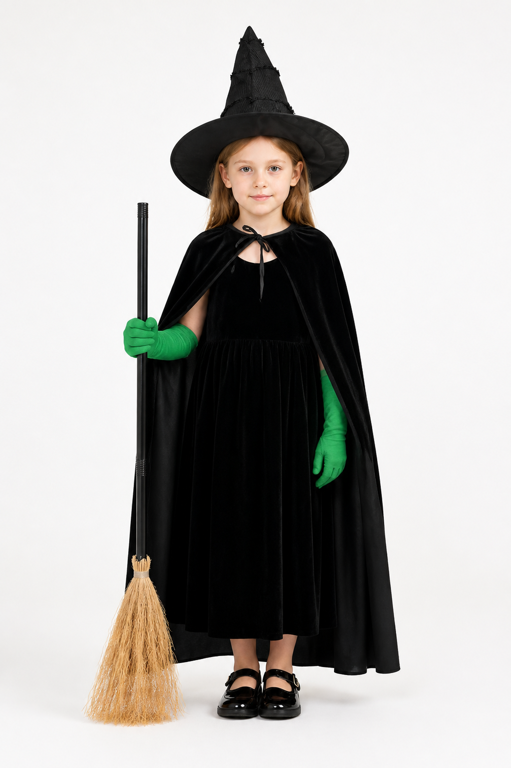 Full-body child model wearing a black velvet dress and cape, pointed hat, and green gloves while holding a broom