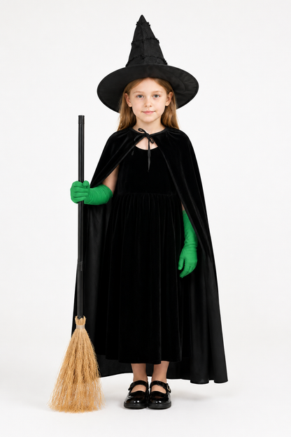 Full-body child model wearing a black velvet dress and cape, pointed hat, and green gloves while holding a broom