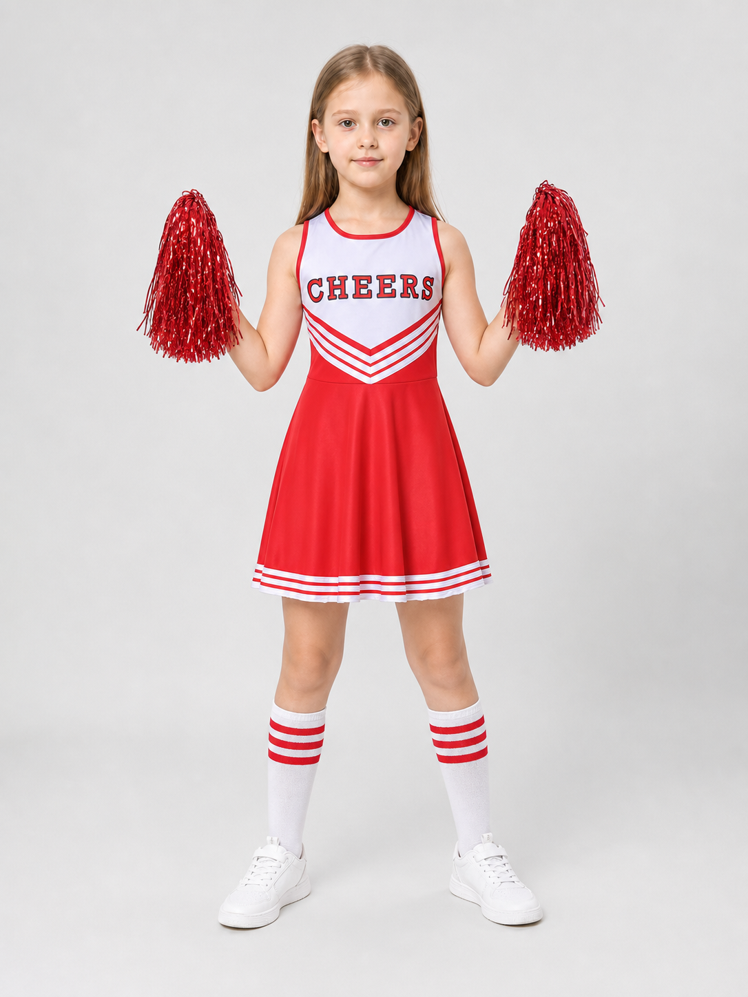 Cheerleading Costume: Dress, Leg Warmers, and Pom-Poms