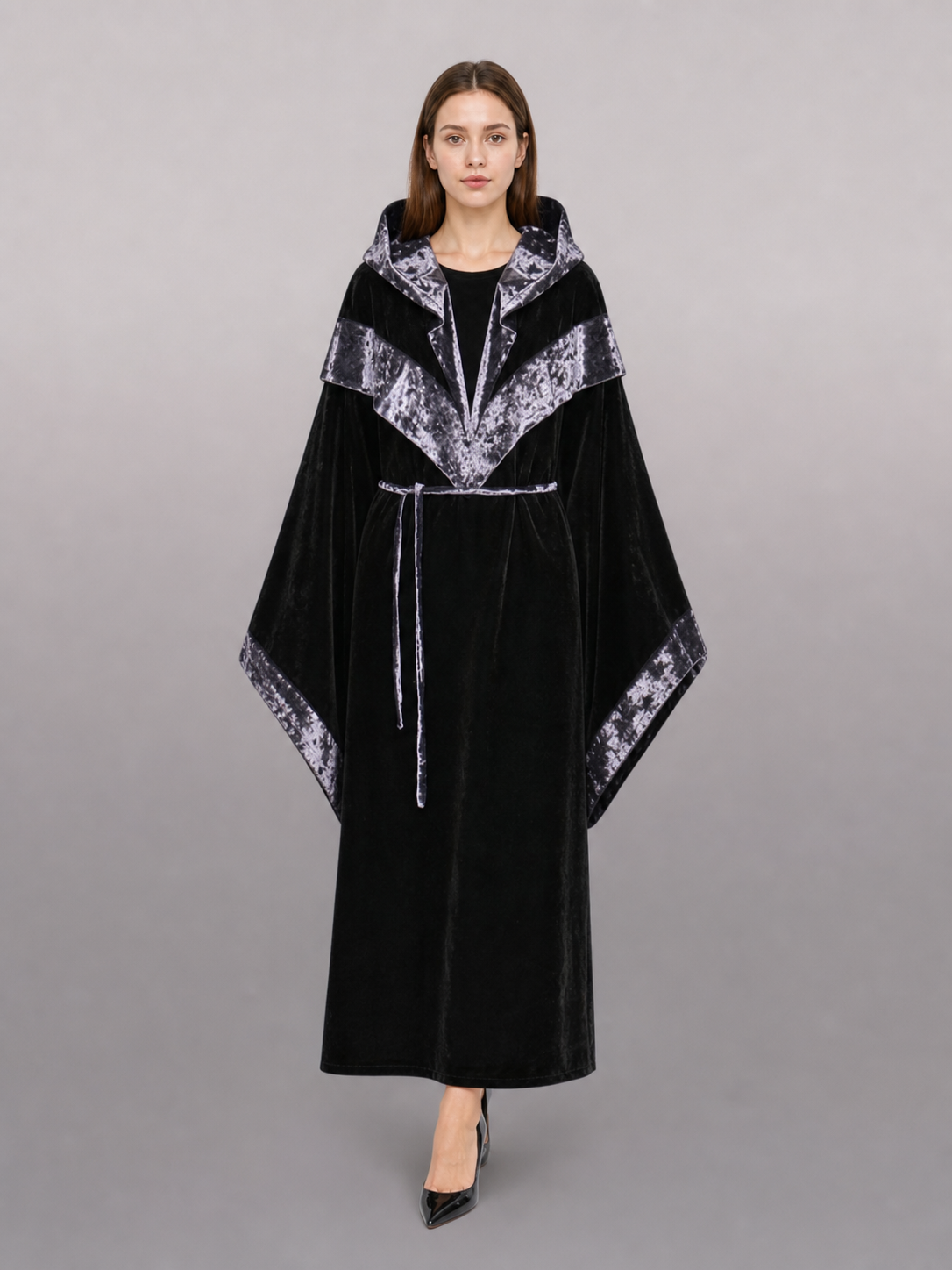 Black Carnival Cloak with Hood and Trim