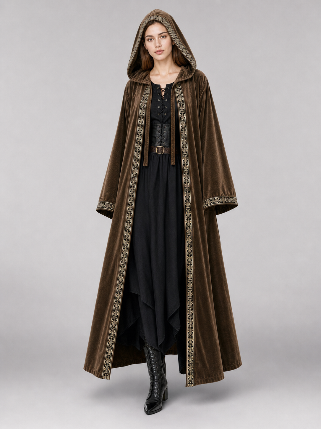 Long Hooded Robe, Brown, Loose Fit main product view 7