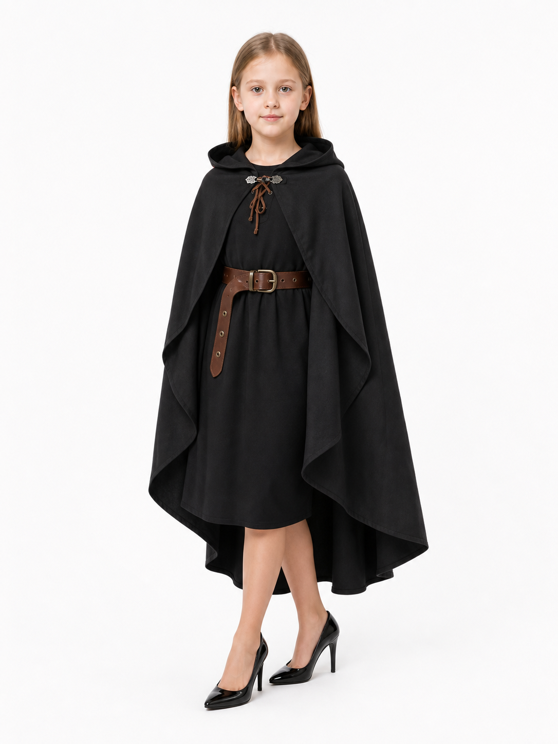 Black hooded cloak shown full-body on a child over a black dress, with a brown belt and lace closure