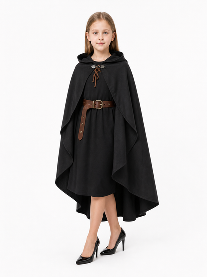 Black hooded cloak shown full-body on a child over a black dress, with a brown belt and lace closure