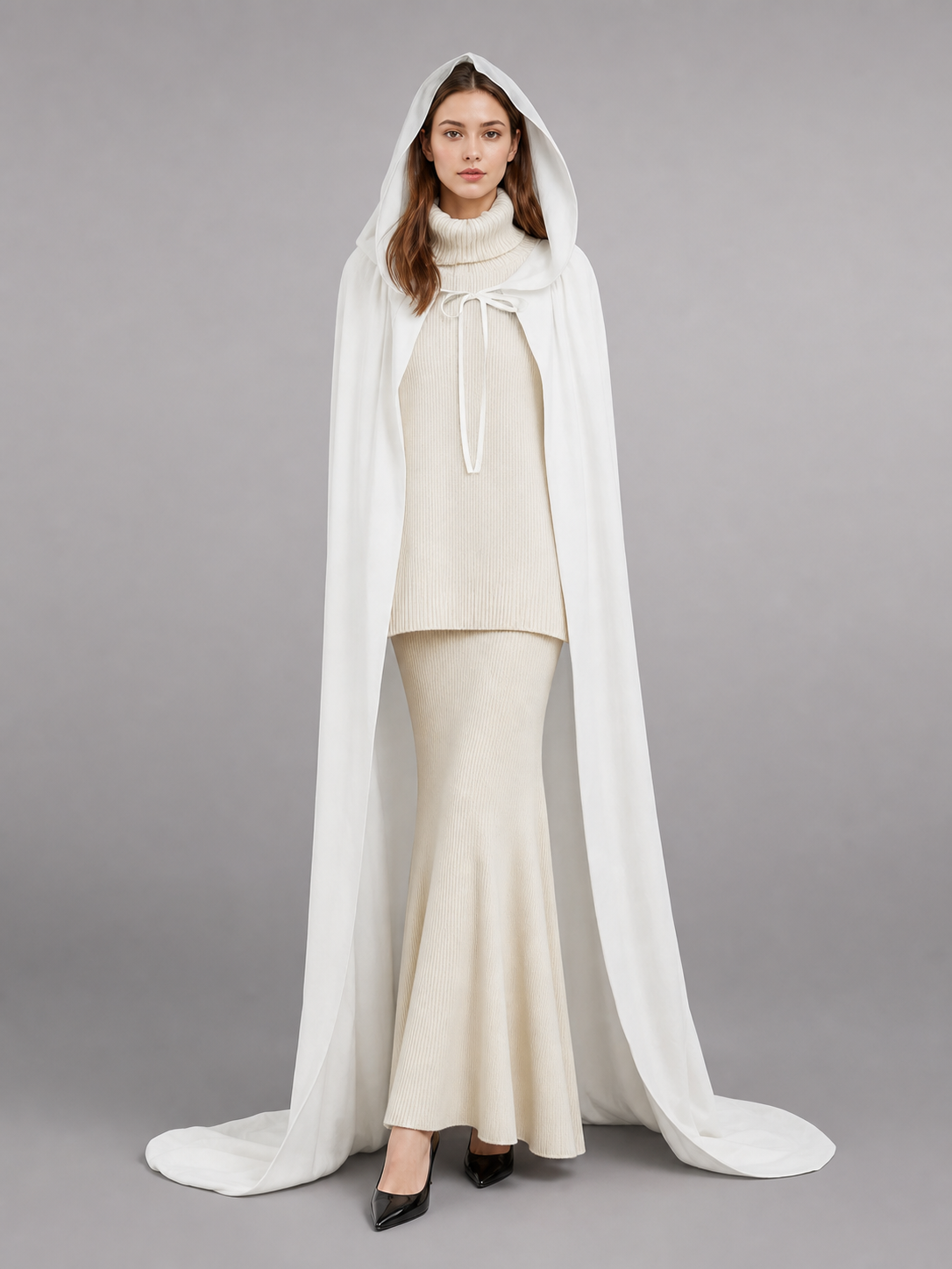 Long White Hooded Carnival Cape