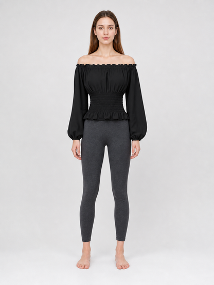 Black off-the-shoulder blouse with ruffles