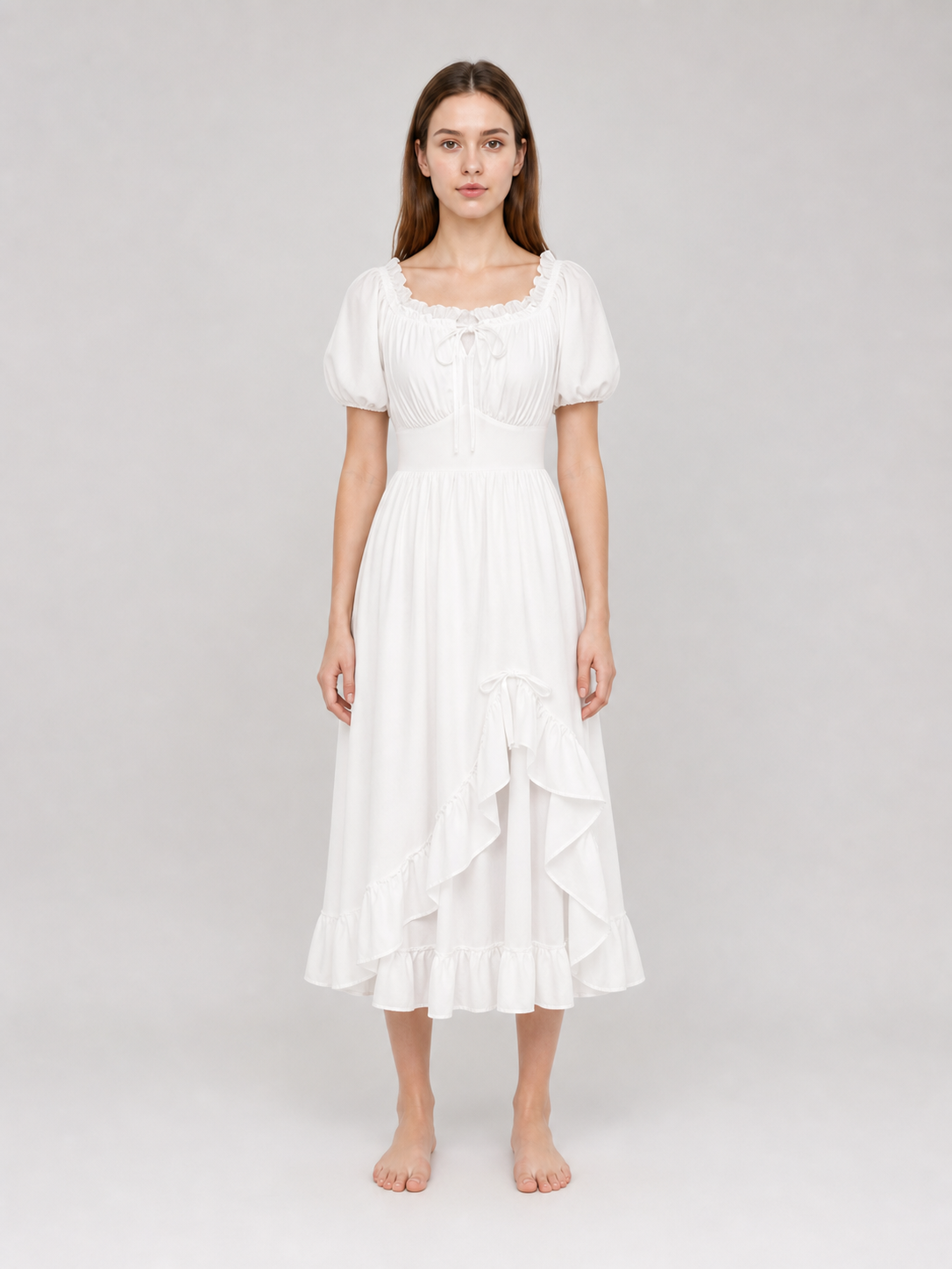 White Midi Dress with a Corset-Style Bodice and Ruffles
