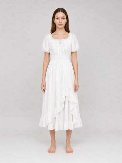 White Midi Dress with a Corset-Style Bodice and Ruffles