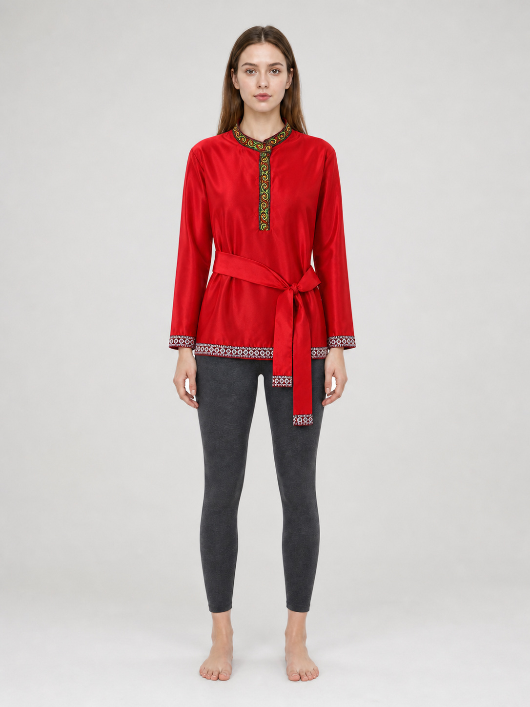 Red Tunic with Ornament, Stand-Up Collar, and Belt