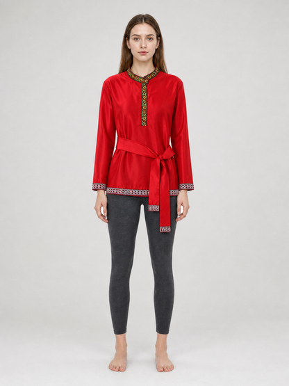 Red Tunic with Ornament, Stand-Up Collar, and Belt