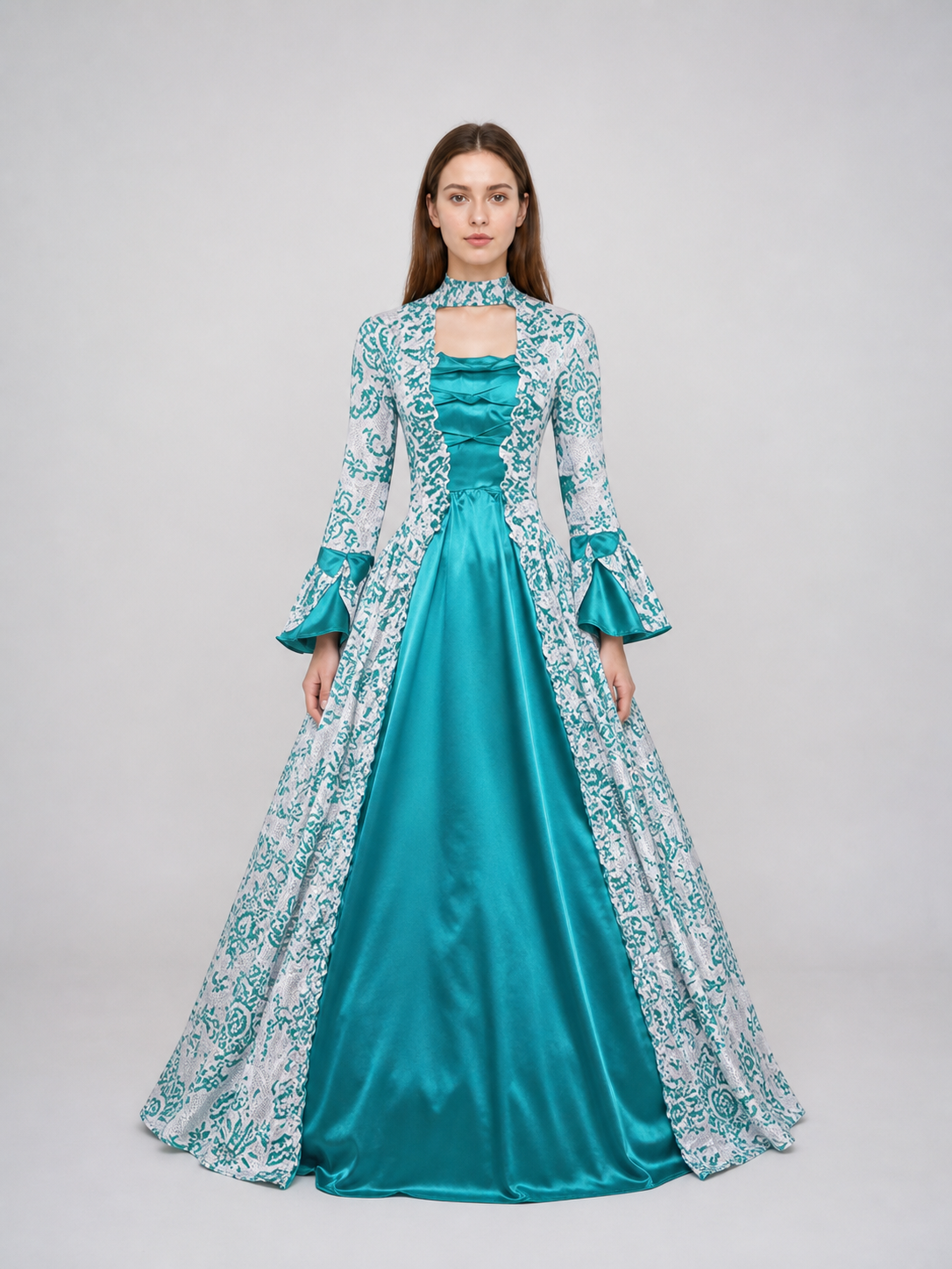 Long Dress with Pattern and Flared Sleeves