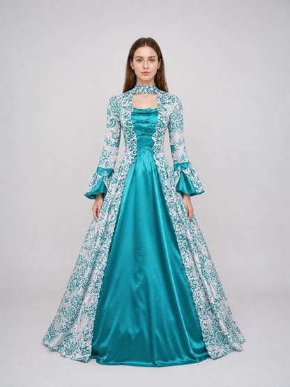 Long Dress with Pattern and Flared Sleeves