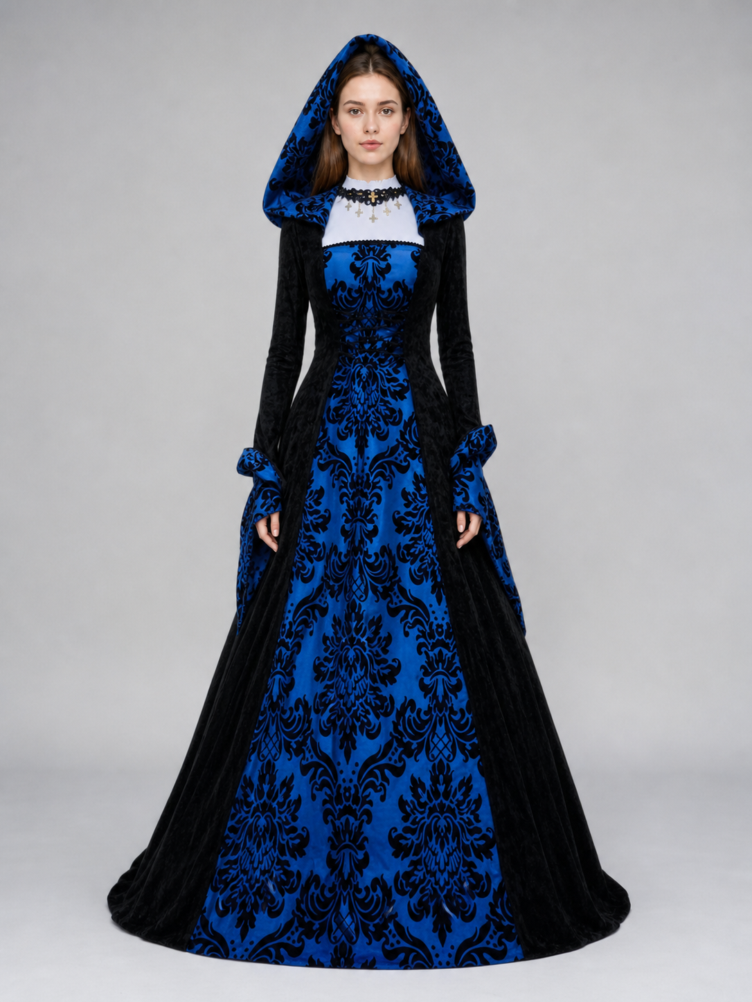 Gothic Hooded Dress with Damask Pattern