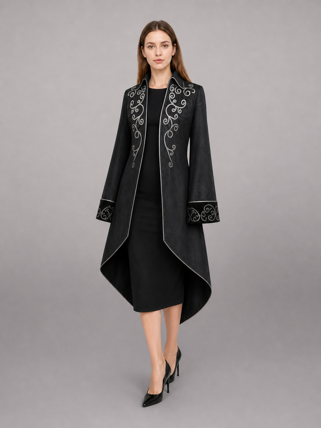 Black Carnival Tailcoat with Silver Embroidery