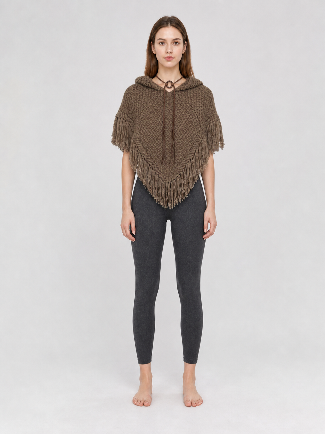 Triangle Hooded Cape with Fringe, Brown