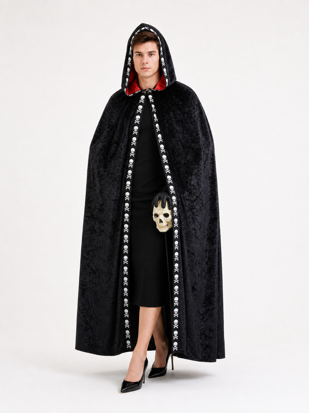 Black carnival cape with hood and skulls