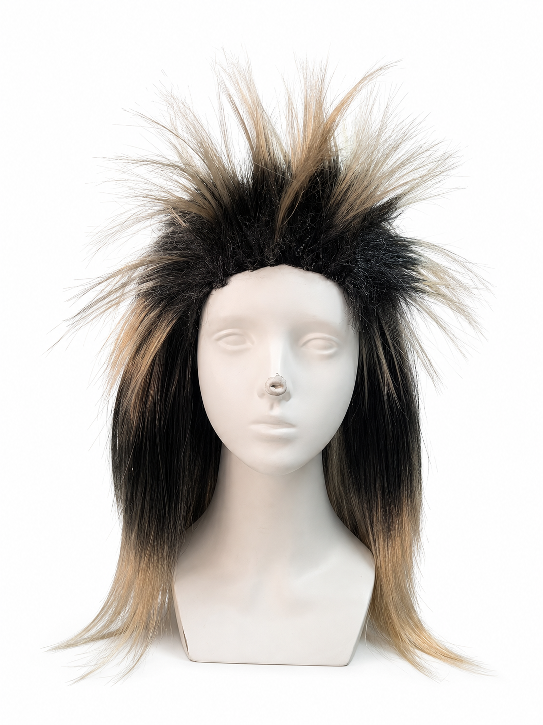 Costume wig with black and blonde spiky fibers and long straight sides, shown on a mannequin against a white background