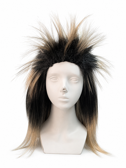 Costume wig with black and blonde spiky fibers and long straight sides, shown on a mannequin against a white background