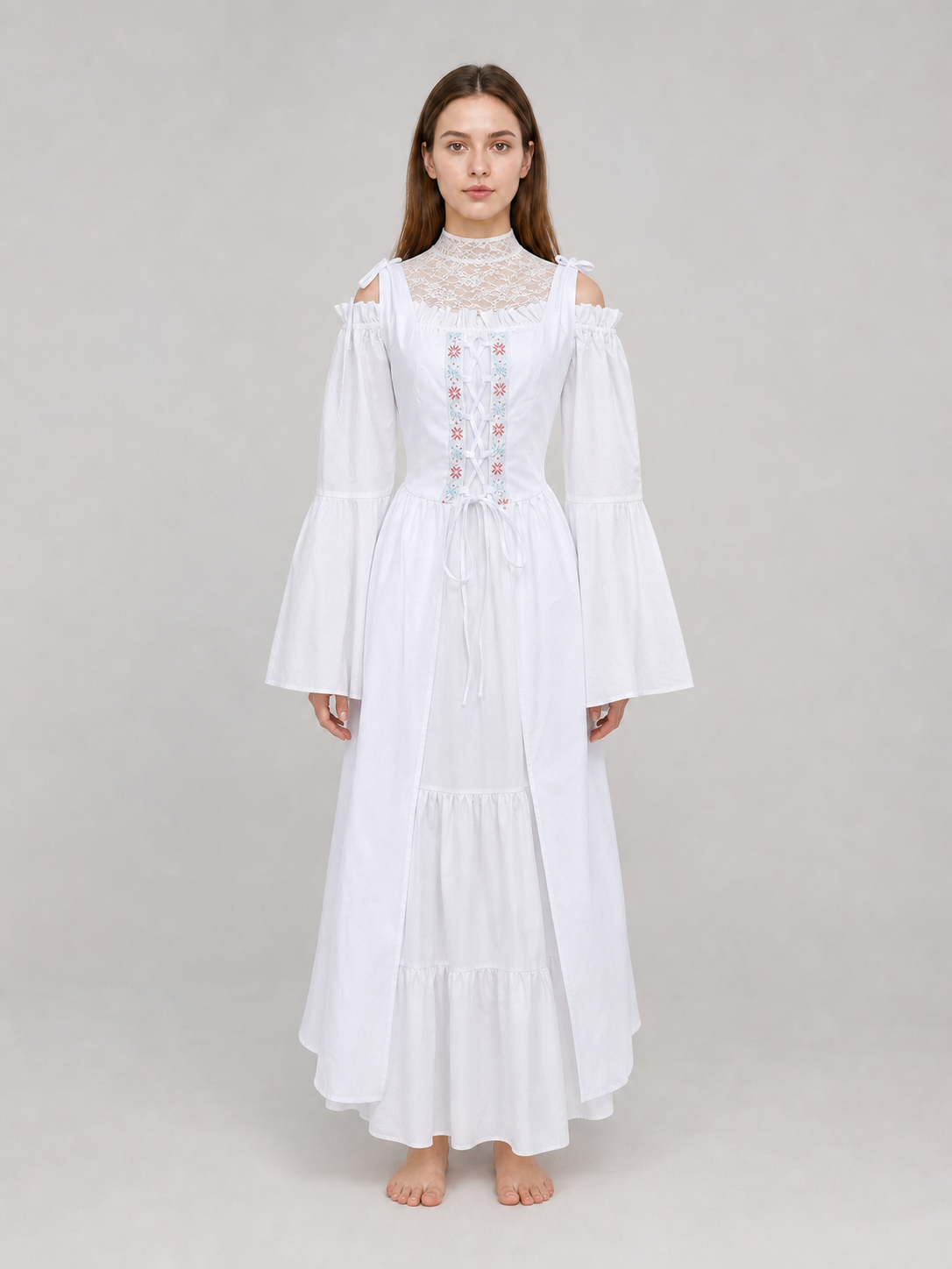 Retro-Style Embroidered Lace-Up Maxi Dress
