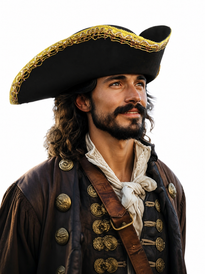 Black and Gold Trim Pirate Hat, Wide Curved Tricorn Costume Headpiece with Structured Crown for Cosplay, Costume Parties and Themed Events
