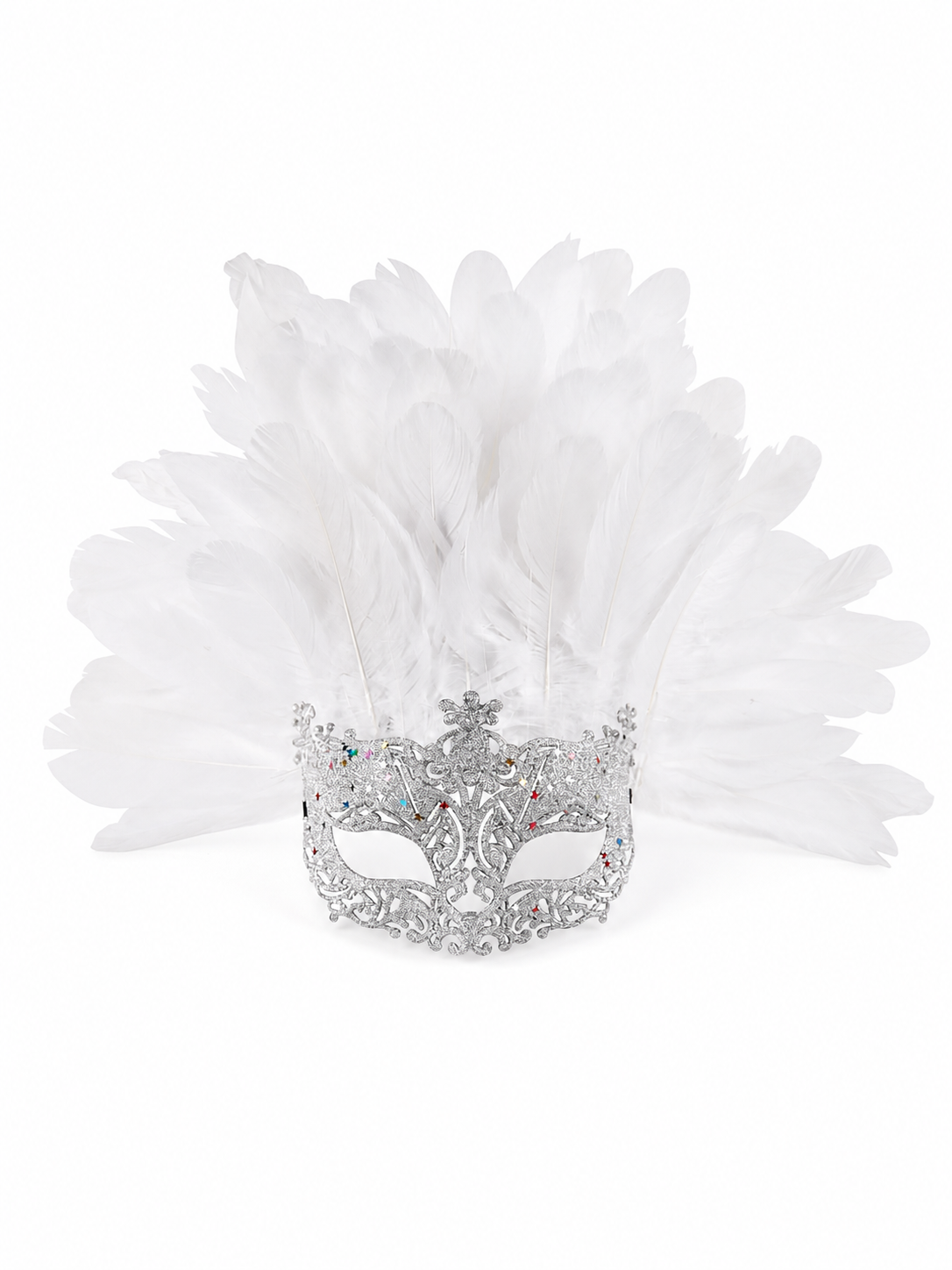 White feather masquerade mask isolated on a white background, with a silver-tone filigree frame and eye openings
