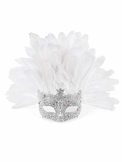 White feather masquerade mask isolated on a white background, with a silver-tone filigree frame and eye openings