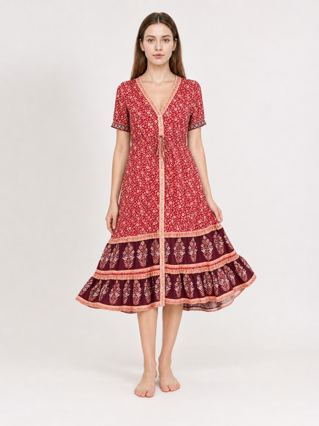 Midi Dress with Floral Print and Tiered Skirt