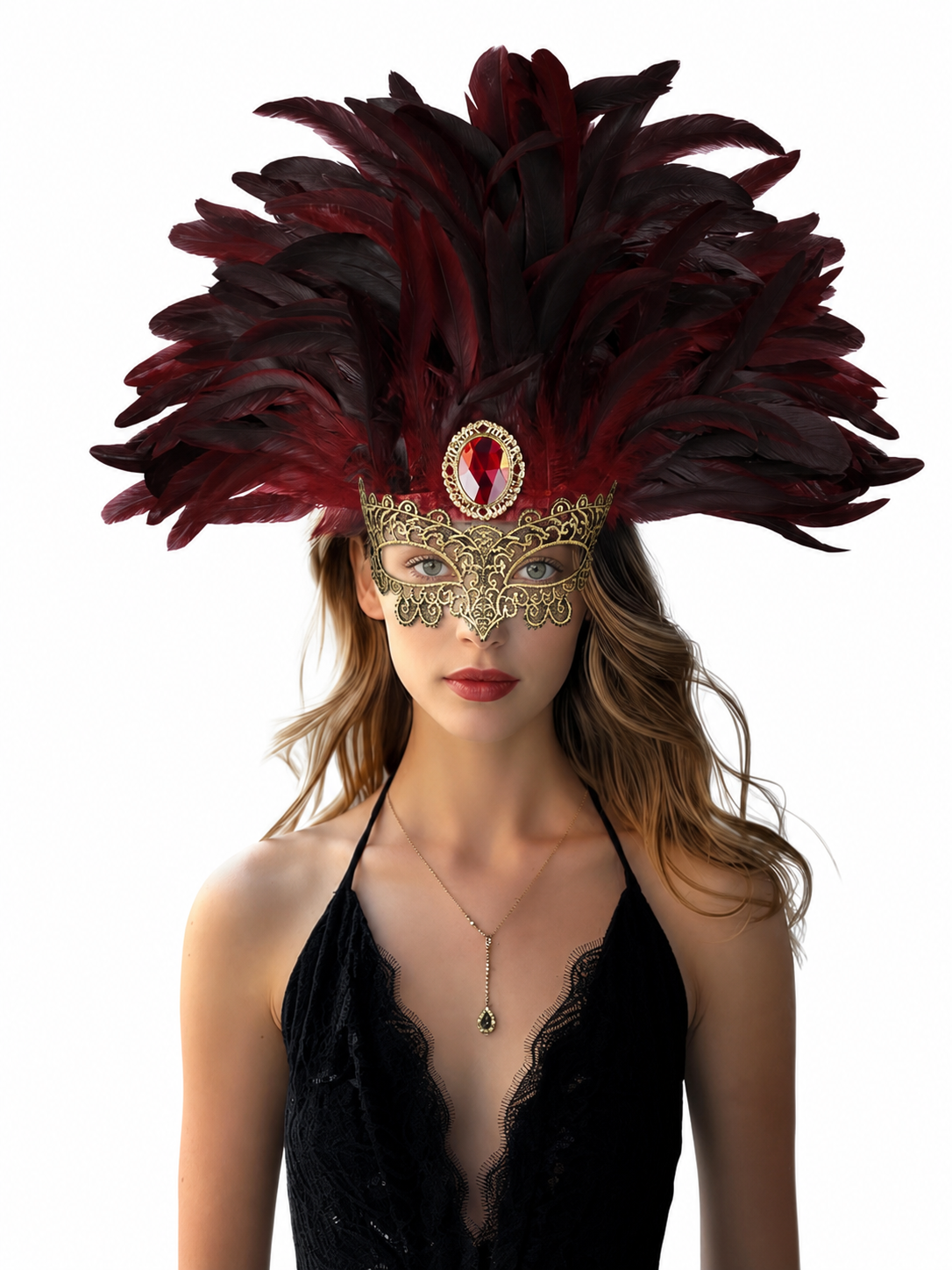 Feathered masquerade mask headpiece with burgundy and black feathers, gold filigree, and red jewel, shown on a model against white