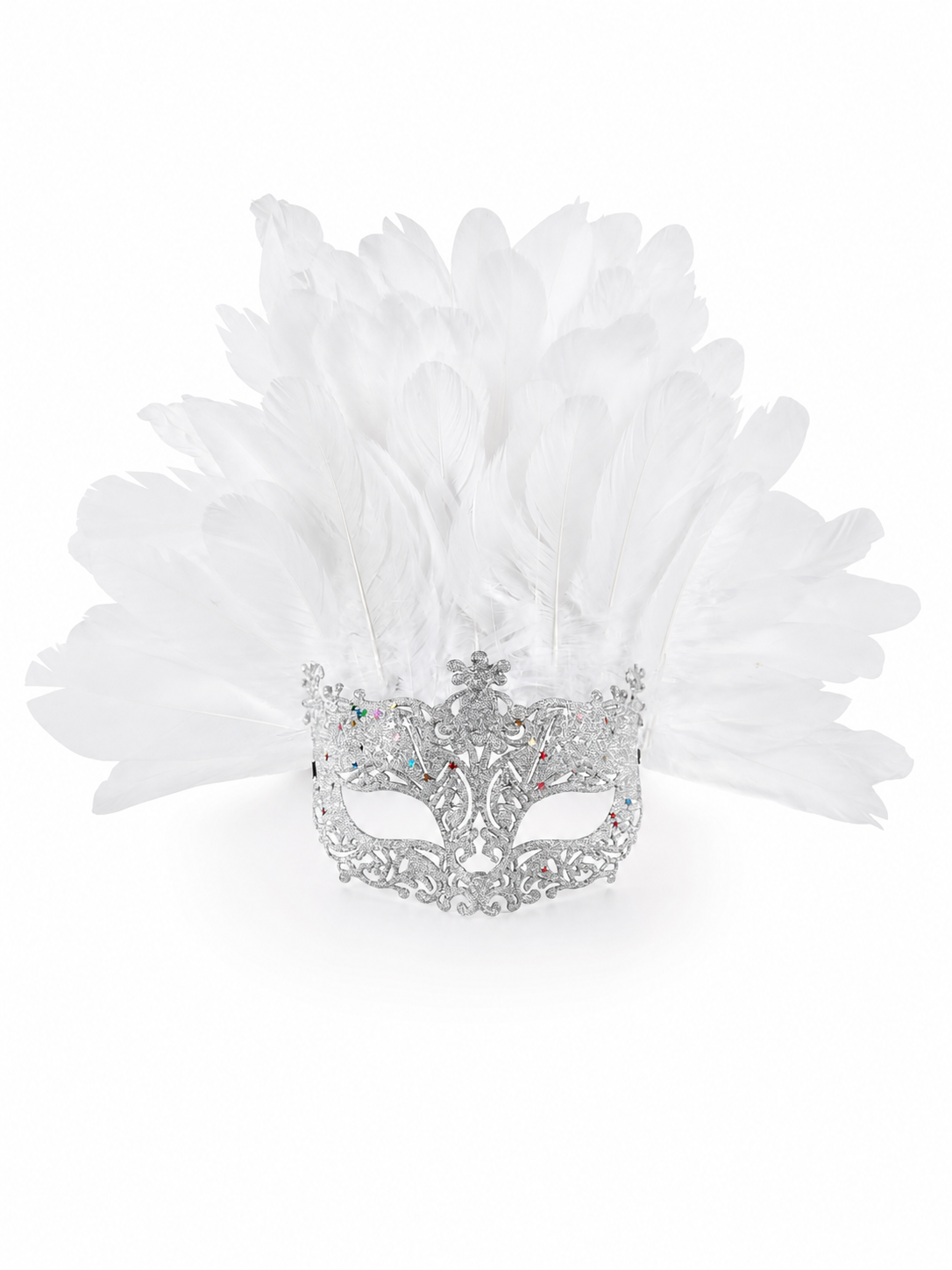 Masquerade Mask with White Feathers and Glitter