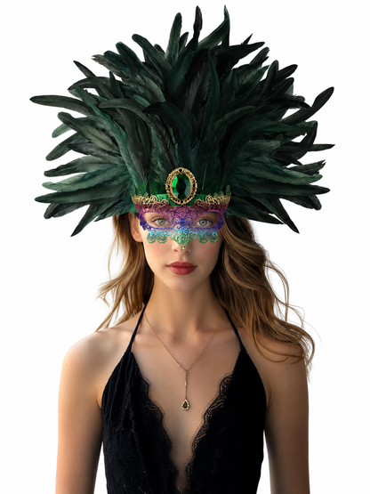 Masquerade headdress with green feathers