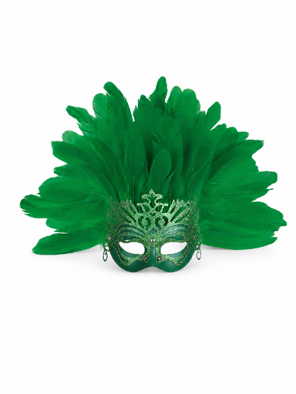 Carnival Mask with Green Feathers and Glitter