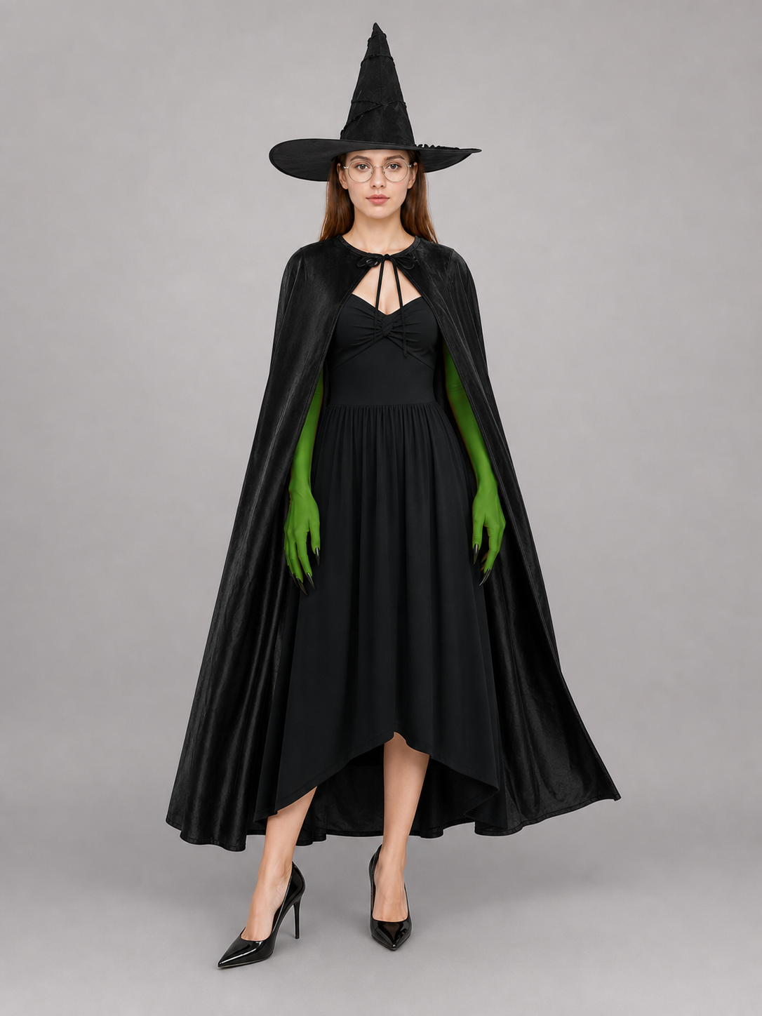 Black Costume Cape with Green Gloves