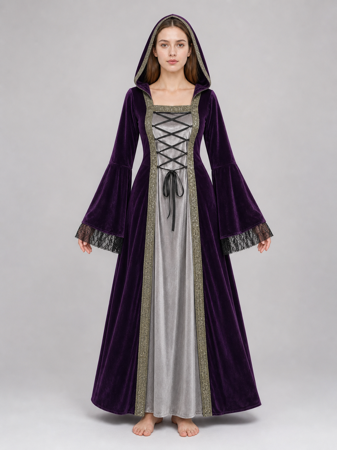 The dress is designed in a Gothic medieval style and features a costume design in deep purple with silver-gray and black accents. The design includes an attached pointed hood, flared bell sleeves, and a flowing skirt. The front of the bodic