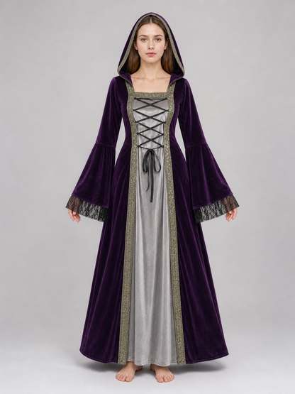 The dress is designed in a Gothic medieval style and features a costume design in deep purple with silver-gray and black accents. The design includes an attached pointed hood, flared bell sleeves, and a flowing skirt. The front of the bodic