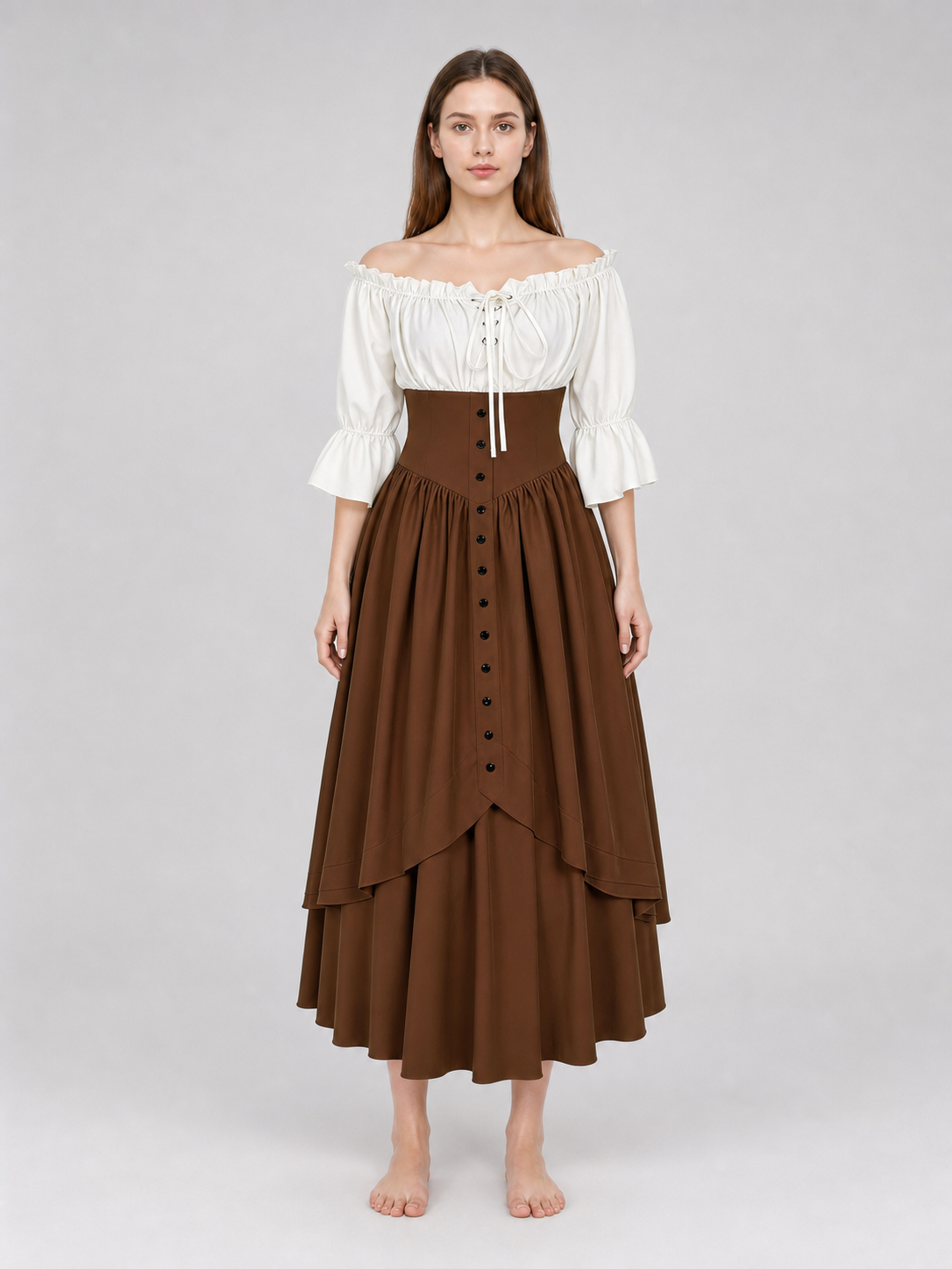 Brown Medieval-Style Dress with Ruffles