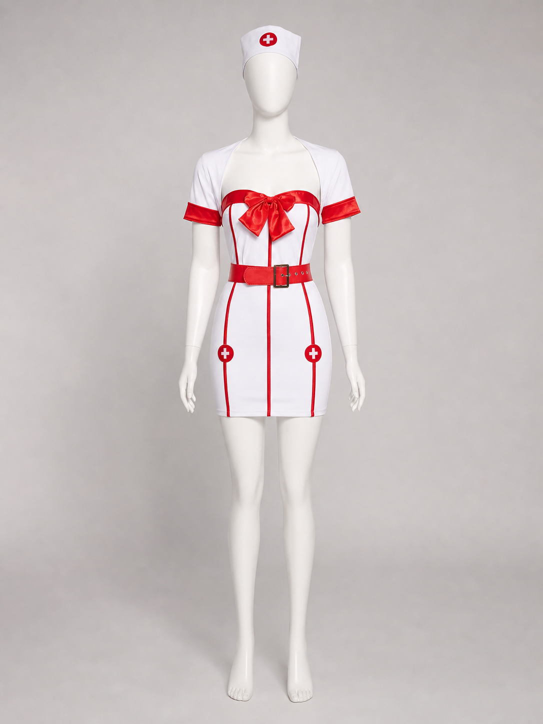 White-and-Red Nurse Costume with Bow and Belt