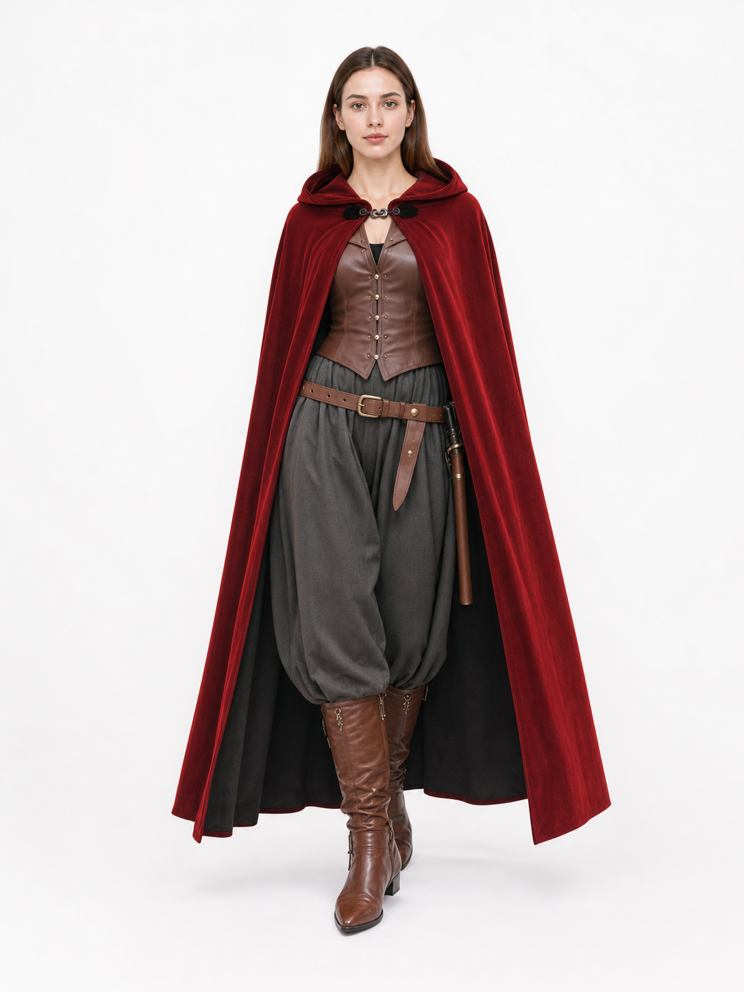 Burgundy Medieval Hooded Costume Cloak