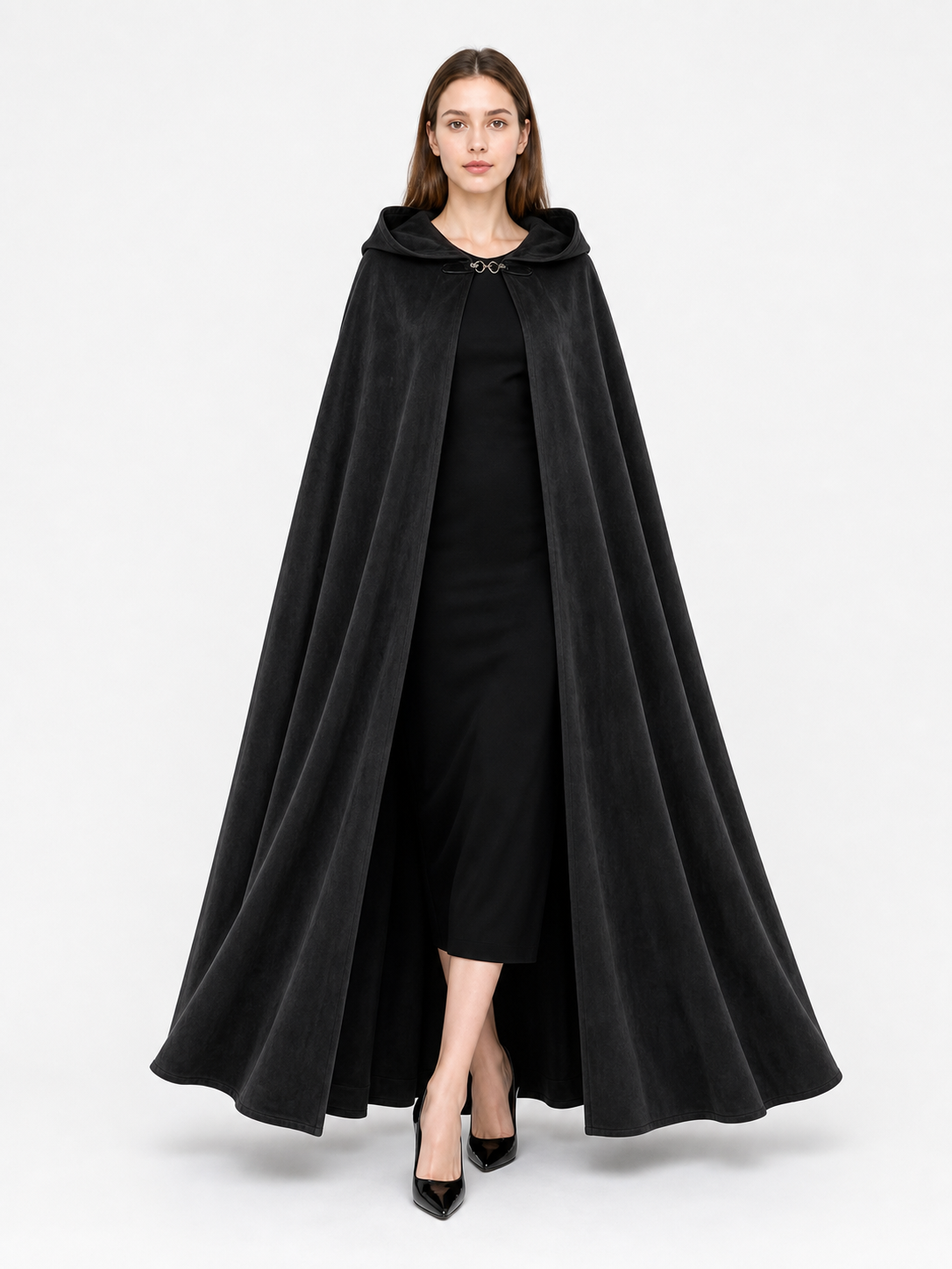 Long black hooded costume cloak