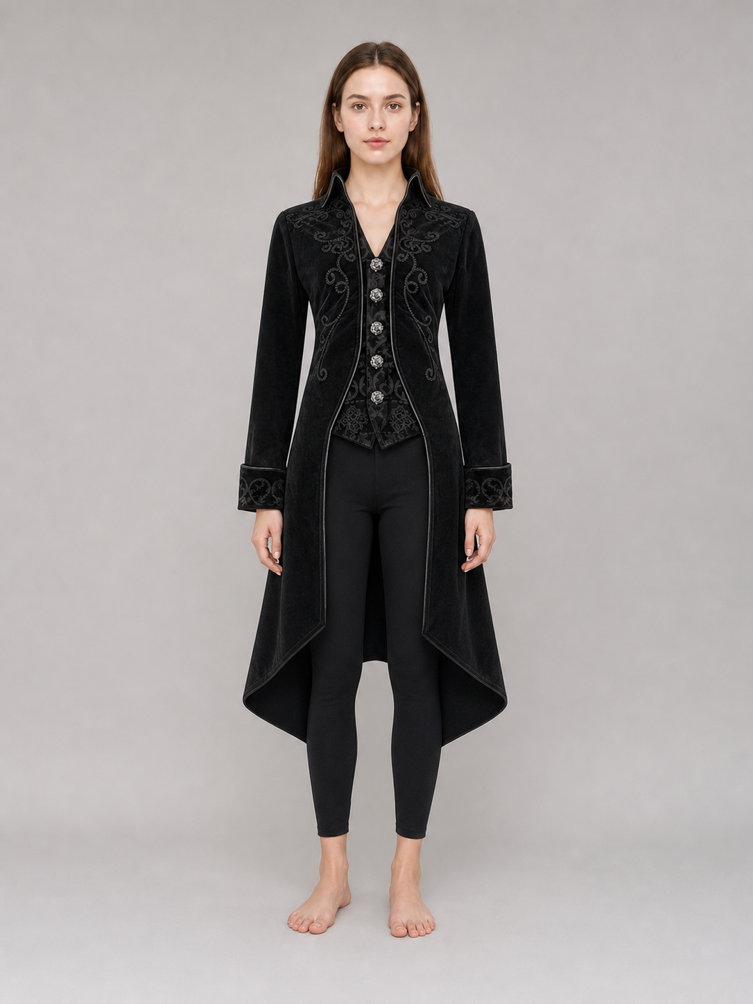 Black embroidered coat with a stand-up collar and pointed tails