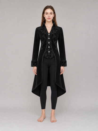 Black embroidered coat with a stand-up collar and pointed tails