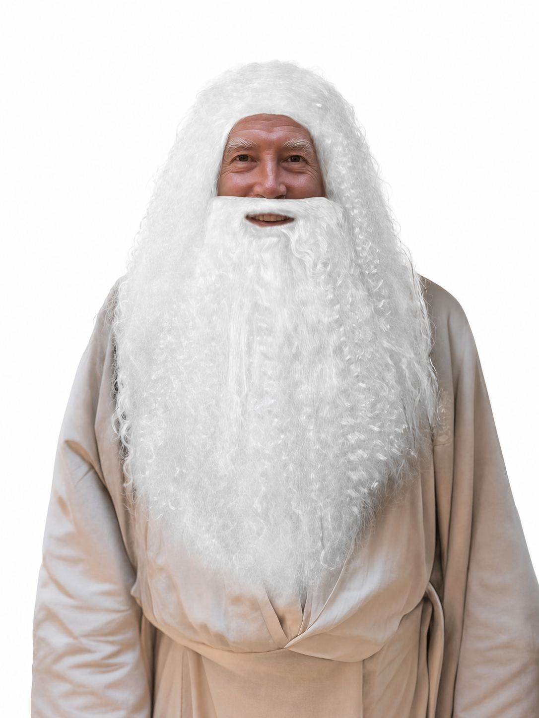 Close front view of the white curly wig and long beard worn with a beige robe