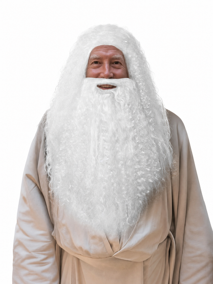 Close front view of the white curly wig and long beard worn with a beige robe