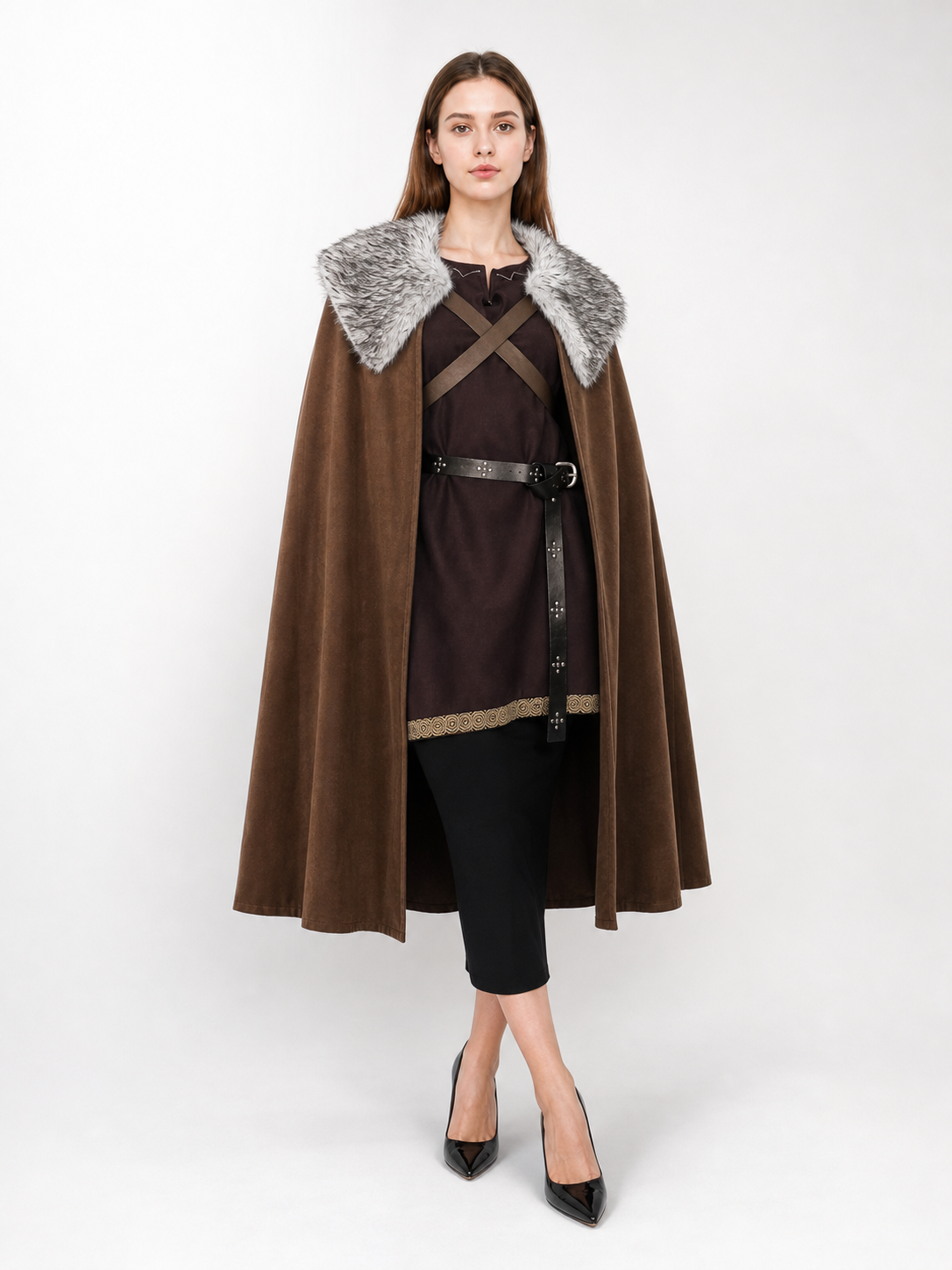 Brown Costume Cloak with Fur Collar