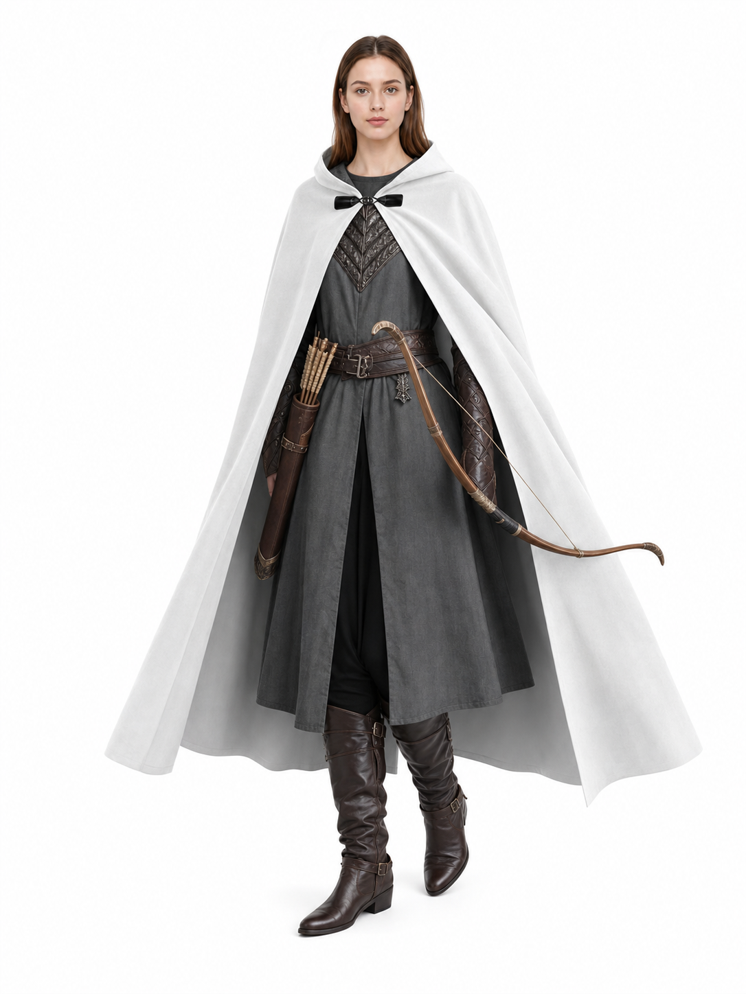 Medieval White Velvet Hooded Long Cloak Cape with Black Bow Tie Front Flared Hem main product view 6