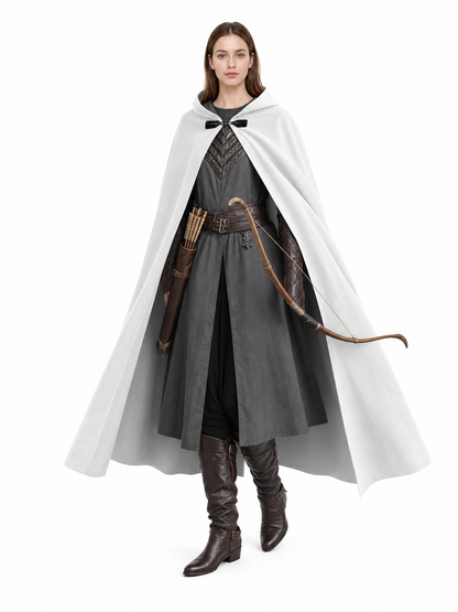 Medieval White Velvet Hooded Long Cloak Cape with Black Bow Tie Front Flared Hem main product view 6