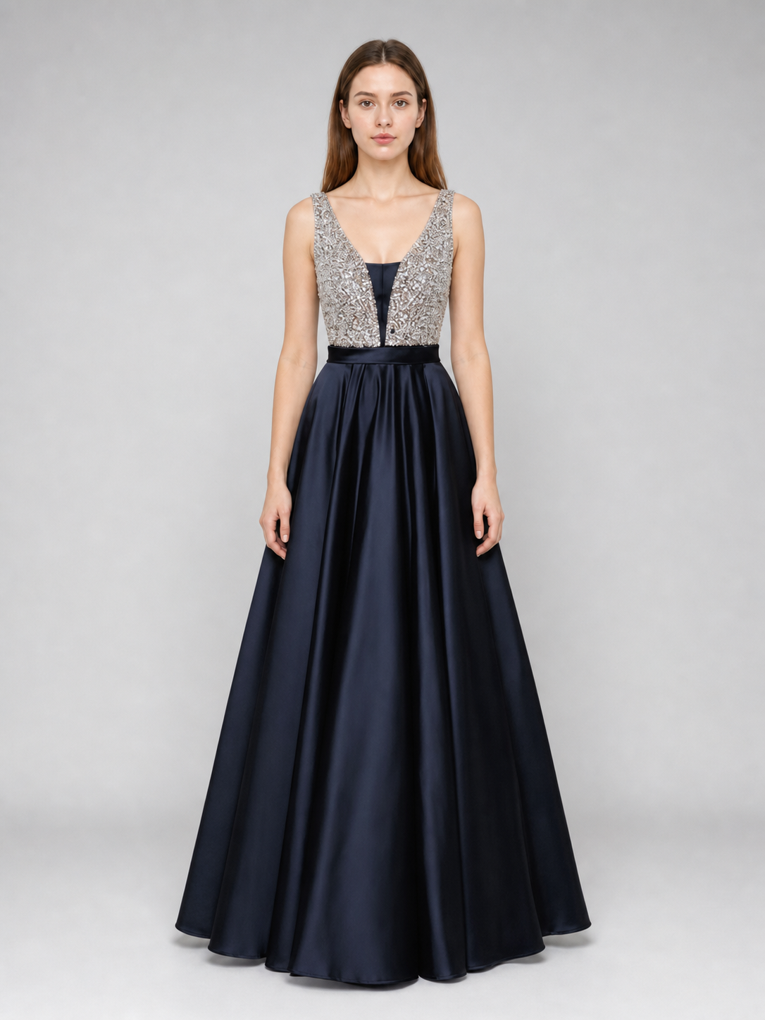 Elegant floor-length dress with a V-neckline
